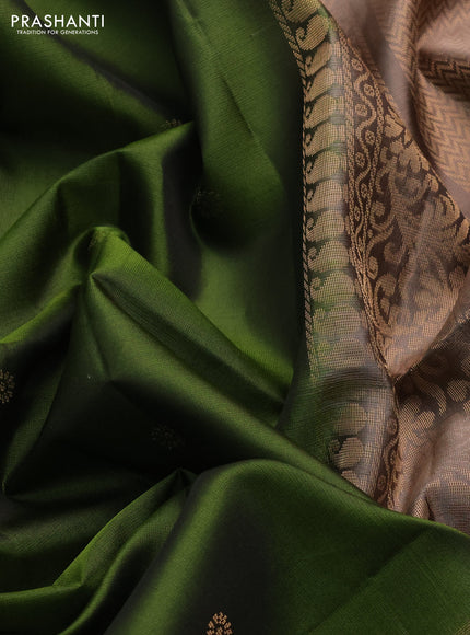 Pure soft silk saree sap green and pastel brown with zari woven floral buttas and rettapet zari woven border