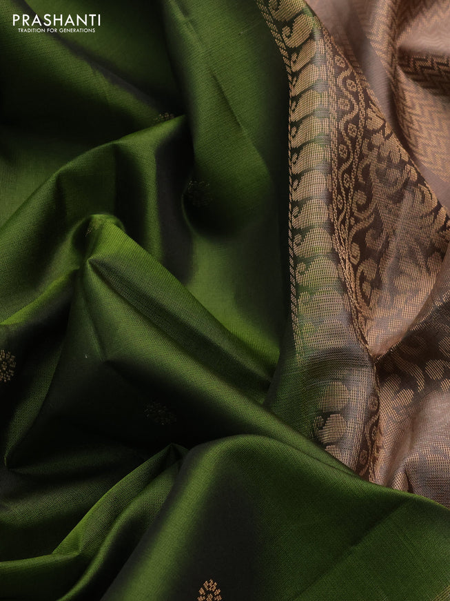 Pure soft silk saree sap green and pastel brown with zari woven floral buttas and rettapet zari woven border