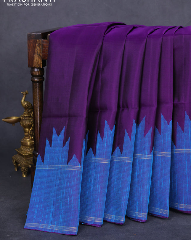 Pure soft silk saree deep violet with plain body and temple woven border