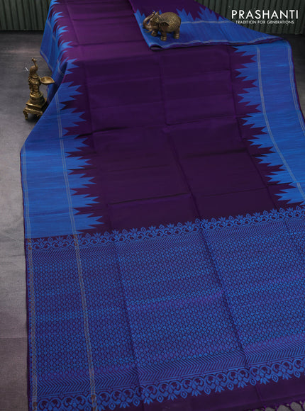 Pure soft silk saree deep violet with plain body and temple woven border