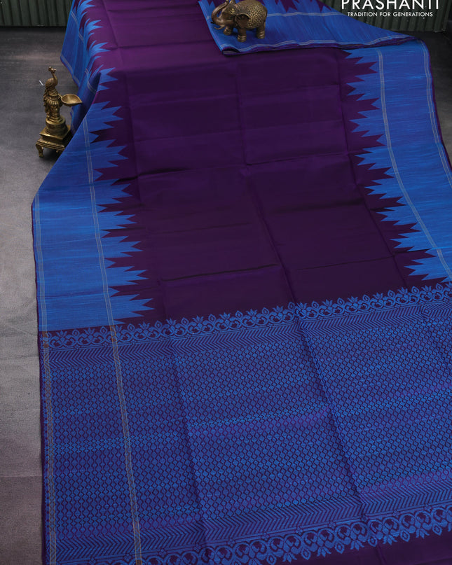 Pure soft silk saree deep violet with plain body and temple woven border