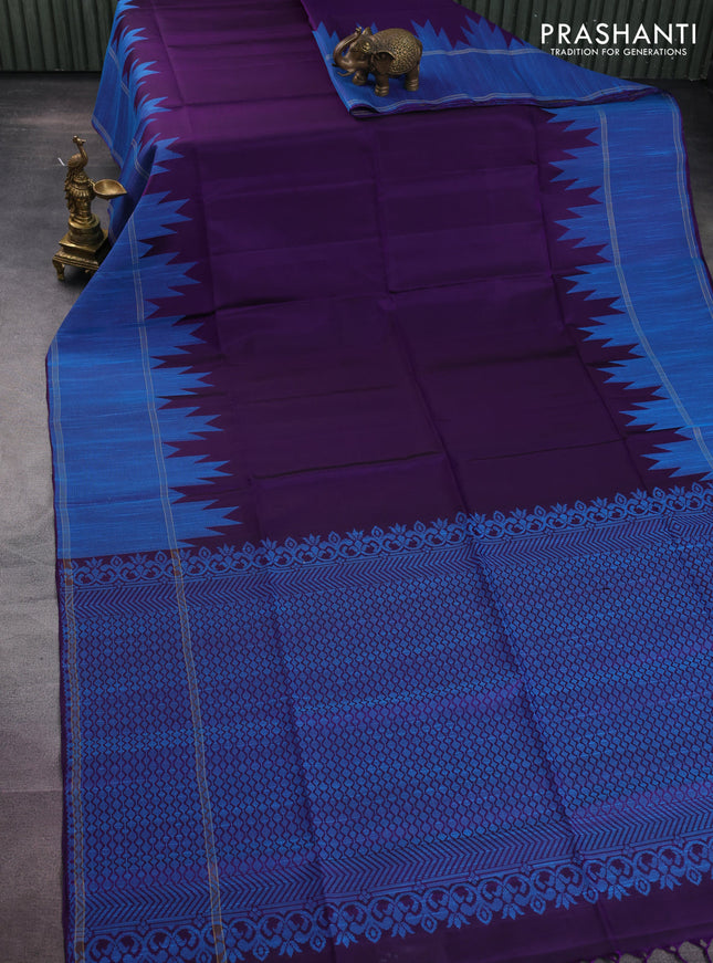 Pure soft silk saree deep violet with plain body and temple woven border