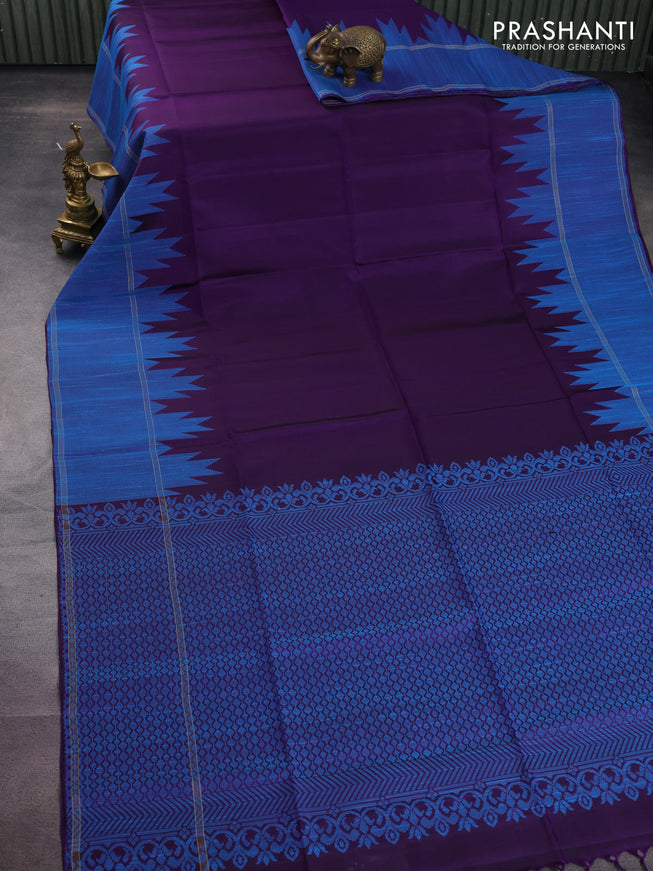Pure soft silk saree deep violet with plain body and temple woven border