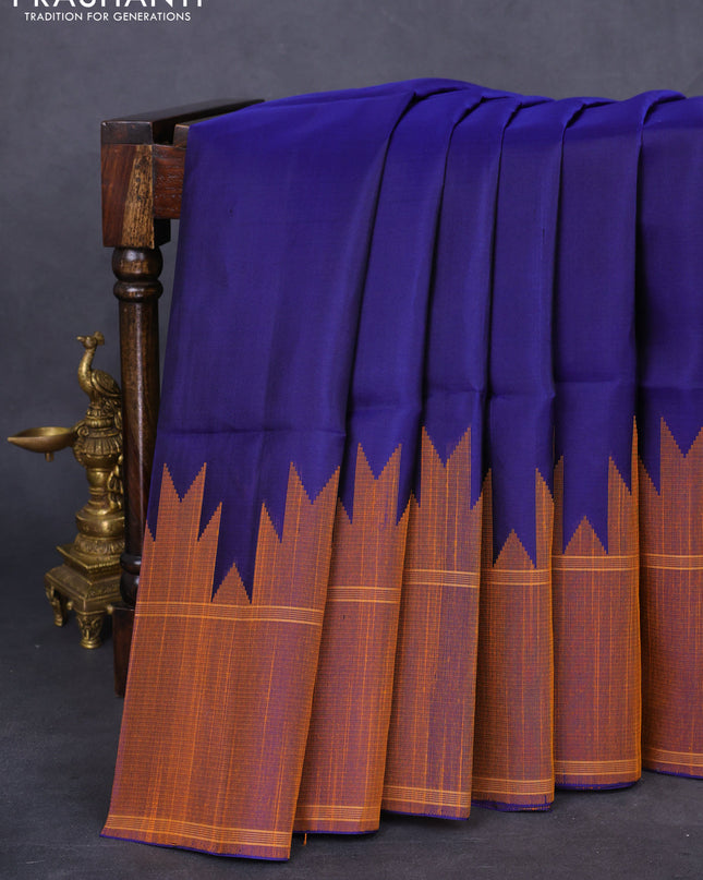 Pure soft silk saree navy blue with plain body and temple woven border