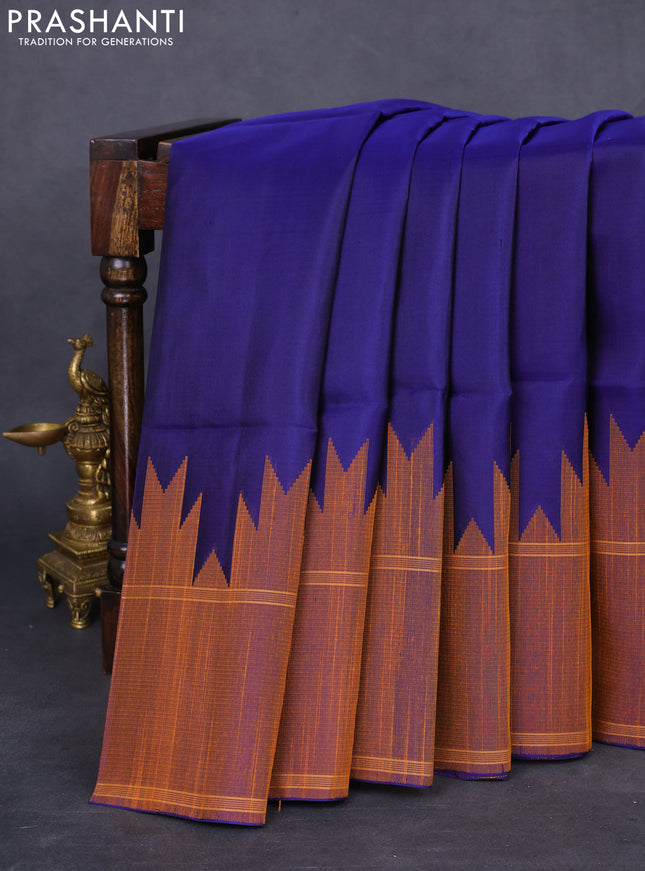 Pure soft silk saree navy blue with plain body and temple woven border