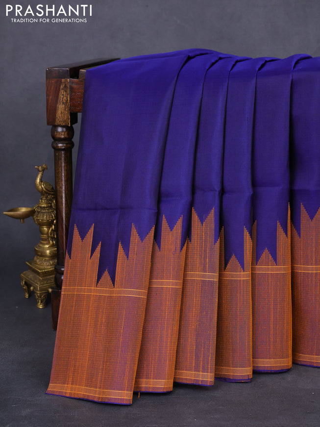 Pure soft silk saree navy blue with plain body and temple woven border