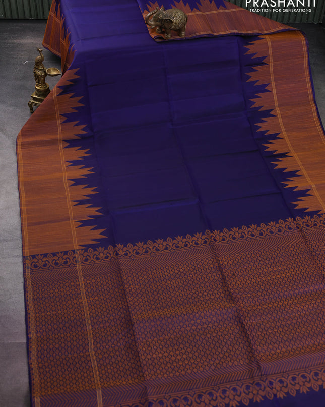 Pure soft silk saree navy blue with plain body and temple woven border