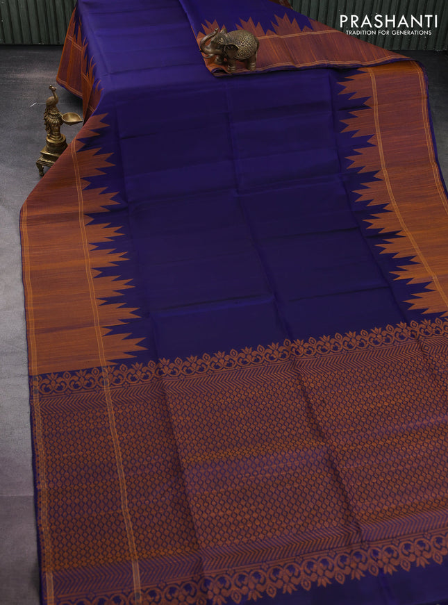 Pure soft silk saree navy blue with plain body and temple woven border
