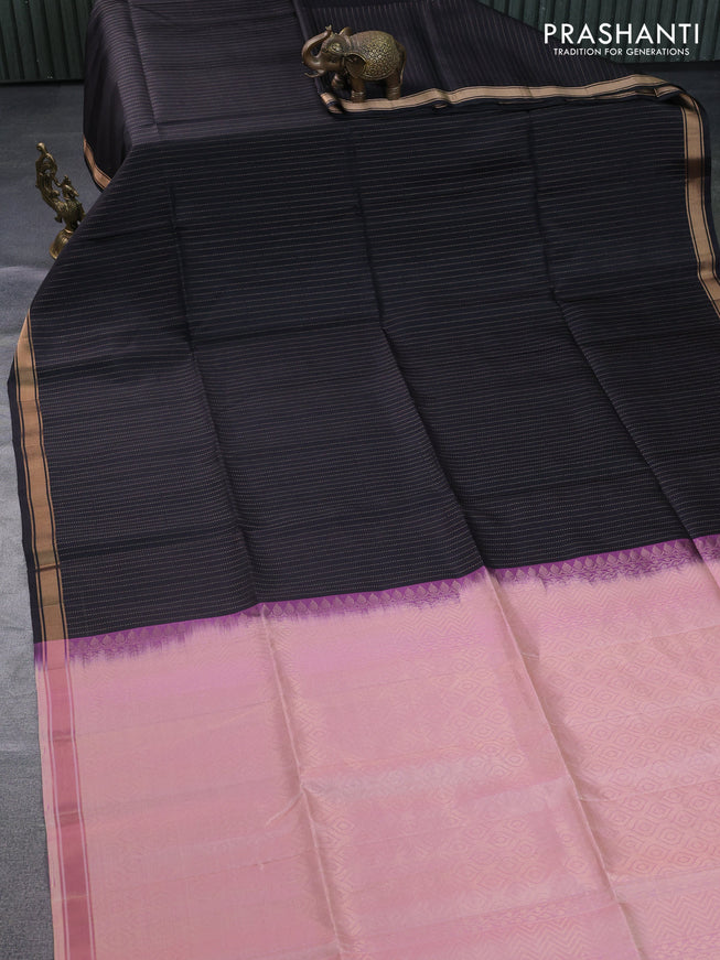 Pure soft silk saree black and pastel pink with allover zari weaves and zari woven border