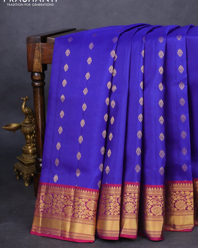 Pure soft silk saree blue and dual shade of bluish maroon with zari woven buttas and zari woven border
