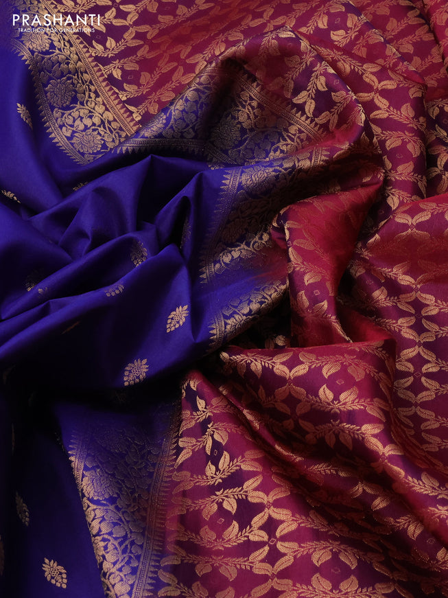 Pure soft silk saree blue and dual shade of bluish maroon with zari woven buttas and zari woven border
