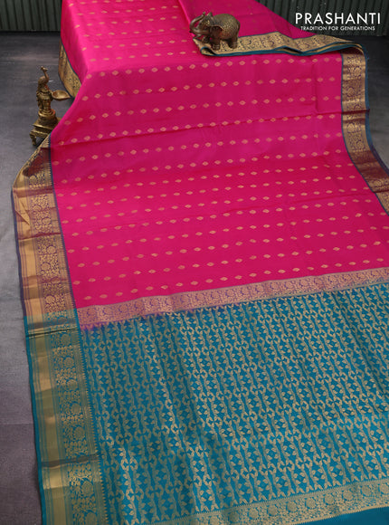 Pure soft silk saree pink and teal green with zari woven buttas and zari woven border