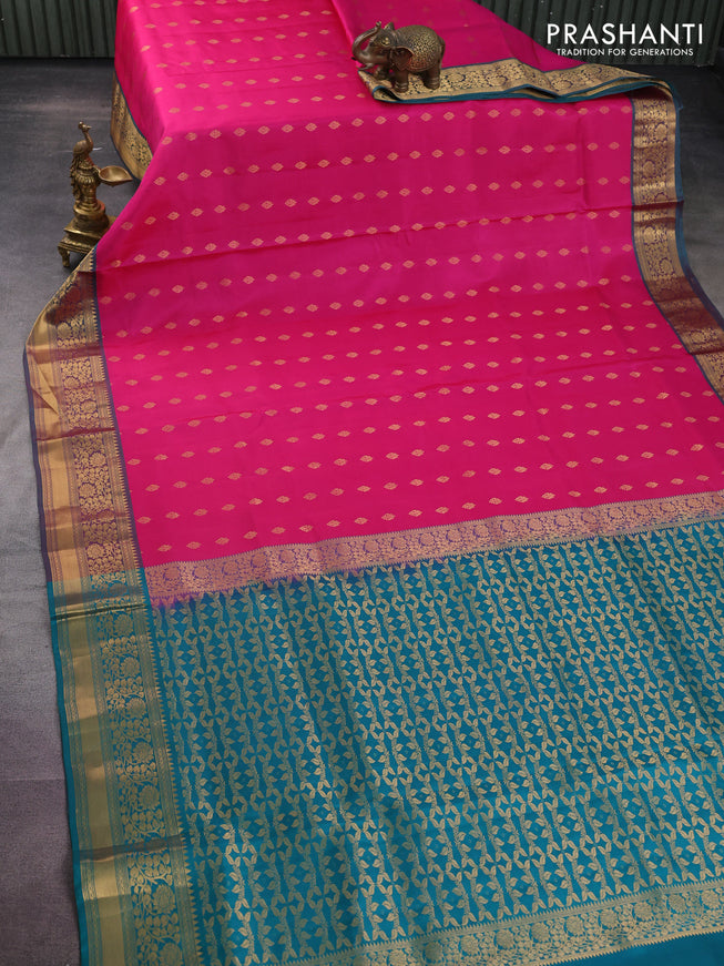 Pure soft silk saree pink and teal green with zari woven buttas and zari woven border