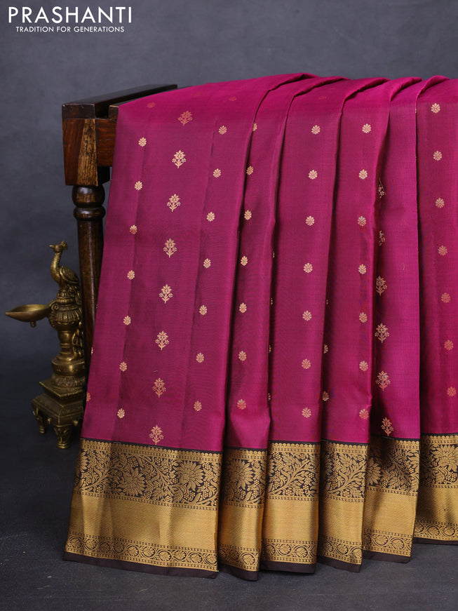 Pure soft silk saree magenta pink and deep coffee brown with zari woven buttas and zari woven border