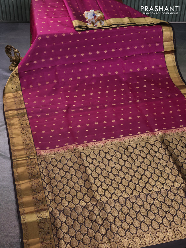 Pure soft silk saree magenta pink and deep coffee brown with zari woven buttas and zari woven border