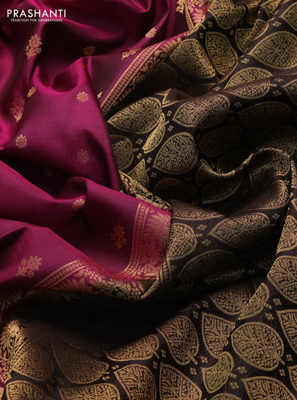 Pure soft silk saree magenta pink and deep coffee brown with zari woven buttas and zari woven border