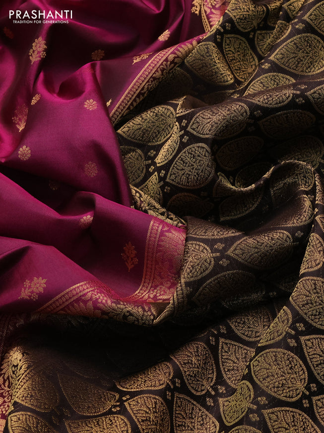 Pure soft silk saree magenta pink and deep coffee brown with zari woven buttas and zari woven border