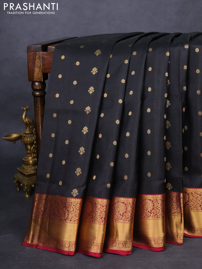 Pure soft silk saree black and maroon with zari woven buttas and zari woven border