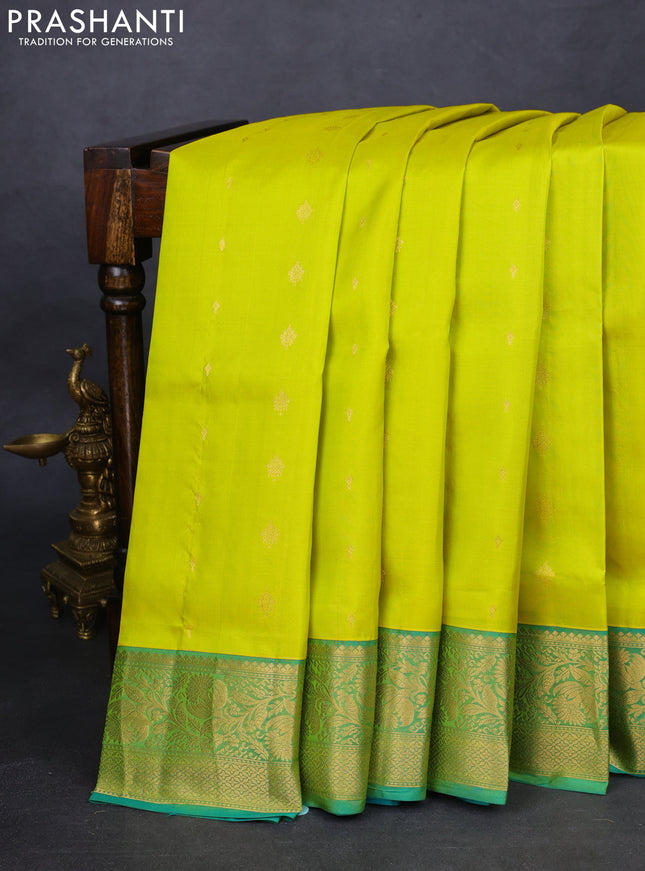 Pure soft silk saree lime yellow and teal green with zari woven buttas and zari woven border
