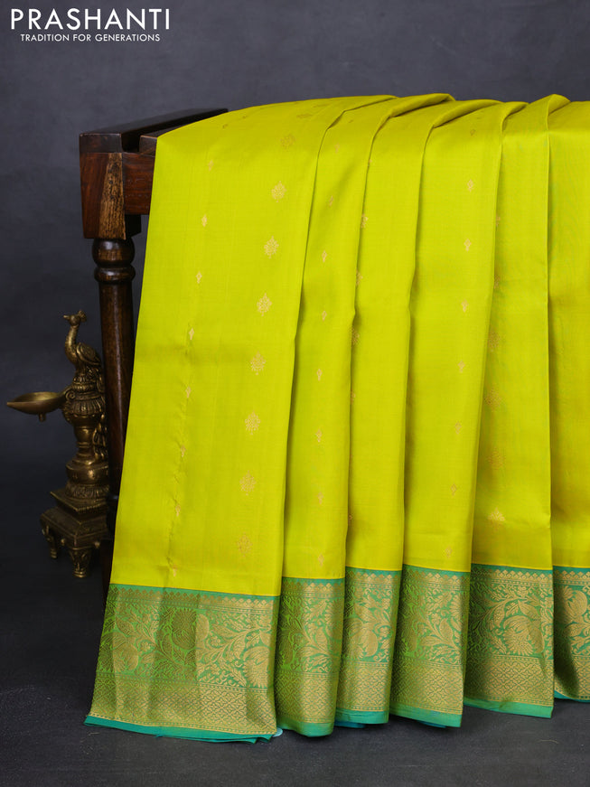 Pure soft silk saree lime yellow and teal green with zari woven buttas and zari woven border