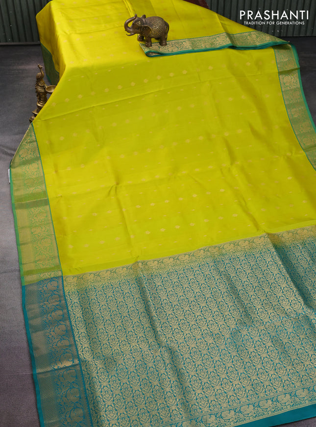 Pure soft silk saree lime yellow and teal green with zari woven buttas and zari woven border