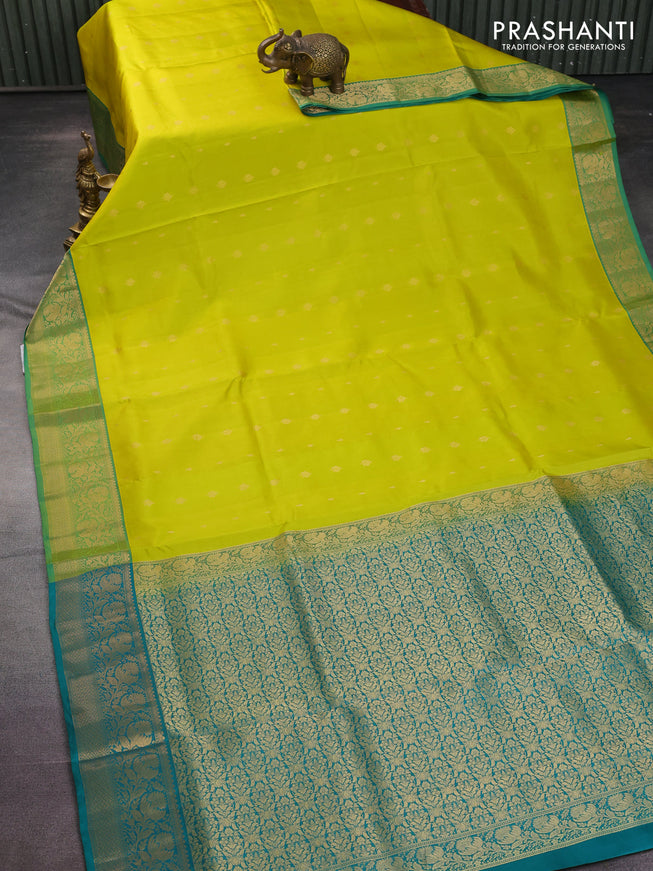 Pure soft silk saree lime yellow and teal green with zari woven buttas and zari woven border