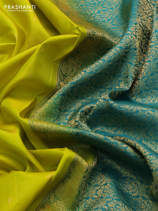 Pure soft silk saree lime yellow and teal green with zari woven buttas and zari woven border