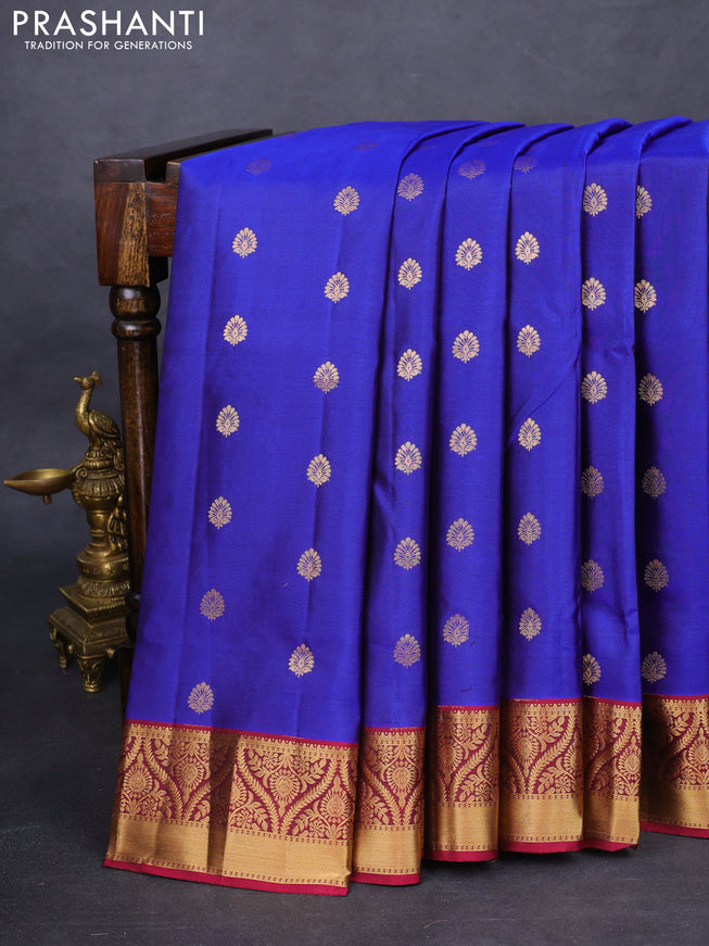 Pure soft silk saree blue and magenta pink with allover zari woven buttas and zari woven border