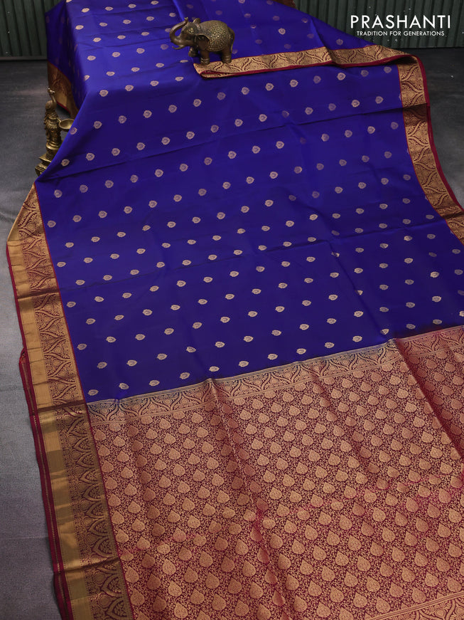 Pure soft silk saree blue and magenta pink with allover zari woven buttas and zari woven border