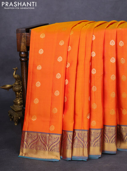 Pure soft silk saree sunset orange and dual shade of teal green with allover zari woven buttas and zari woven border