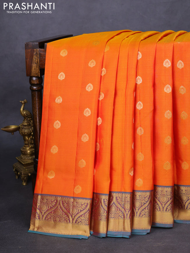 Pure soft silk saree sunset orange and dual shade of teal green with allover zari woven buttas and zari woven border
