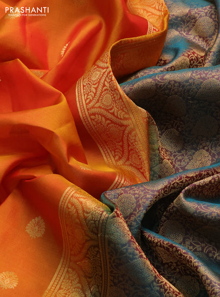 Pure soft silk saree sunset orange and dual shade of teal green with allover zari woven buttas and zari woven border