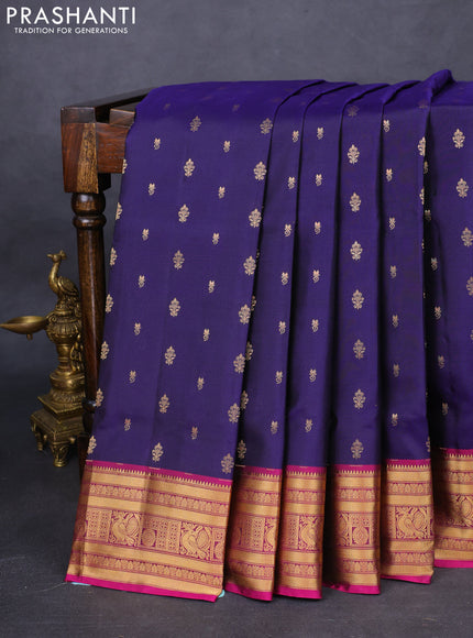 Pure soft silk saree dark blue and dark magenat pink with allover zari woven buttas and zari woven border