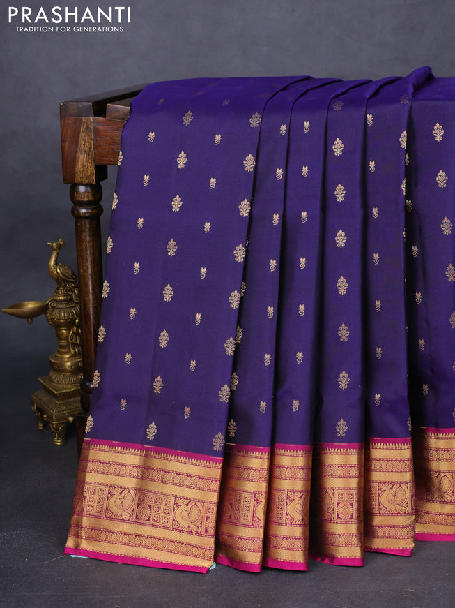 Pure soft silk saree dark blue and dark magenat pink with allover zari woven buttas and zari woven border
