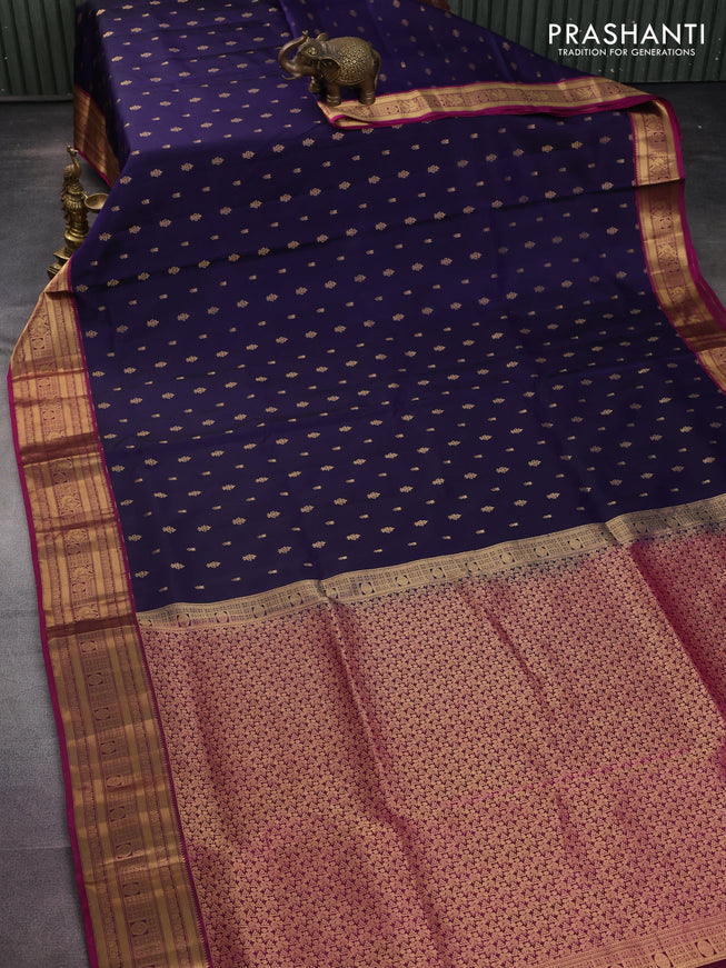 Pure soft silk saree dark blue and dark magenat pink with allover zari woven buttas and zari woven border