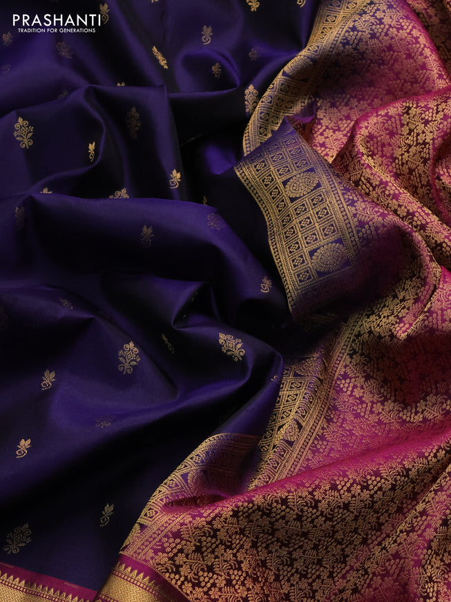 Pure soft silk saree dark blue and dark magenat pink with allover zari woven buttas and zari woven border