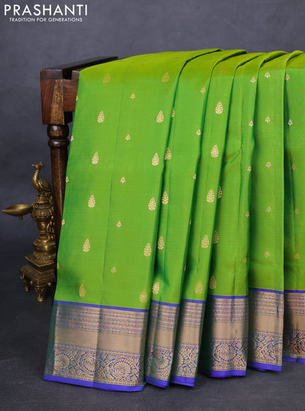Pure soft silk saree dualshade of green and dual shade of blue with allover zari woven buttas and zari woven border