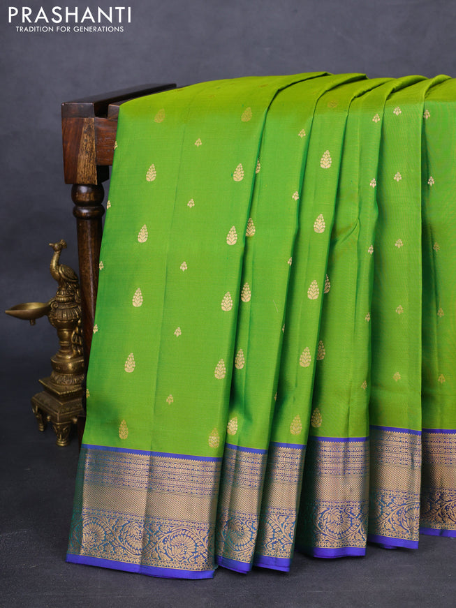 Pure soft silk saree dualshade of green and dual shade of blue with allover zari woven buttas and zari woven border