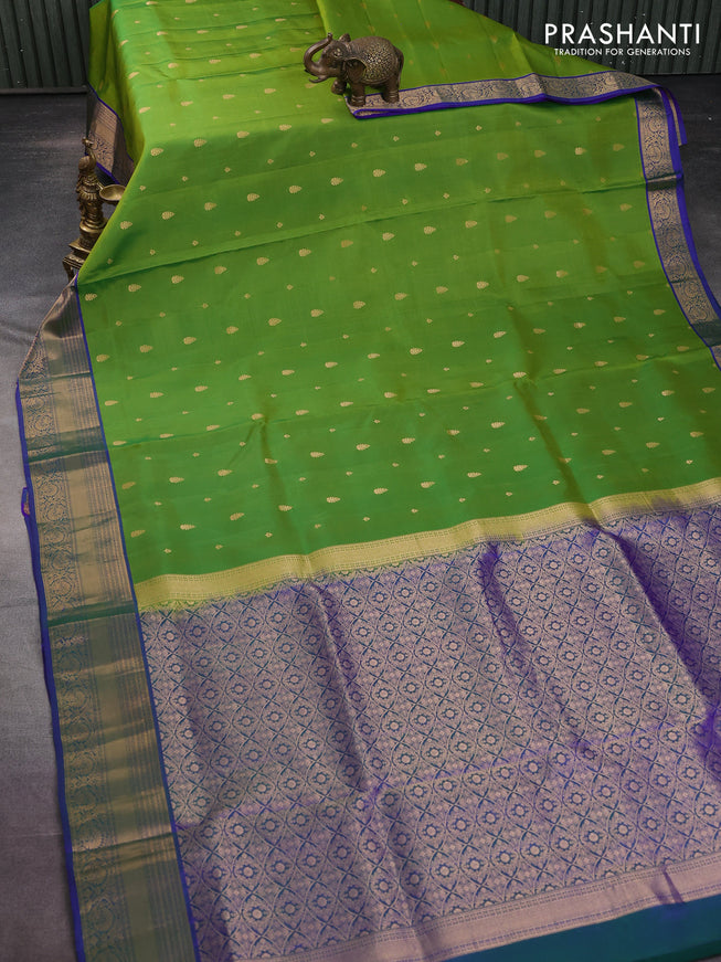Pure soft silk saree dualshade of green and dual shade of blue with allover zari woven buttas and zari woven border