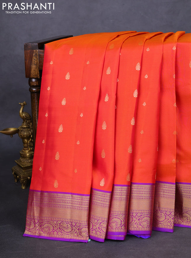 Pure soft silk saree sunset orange and blue with allover zari woven buttas and zari woven border