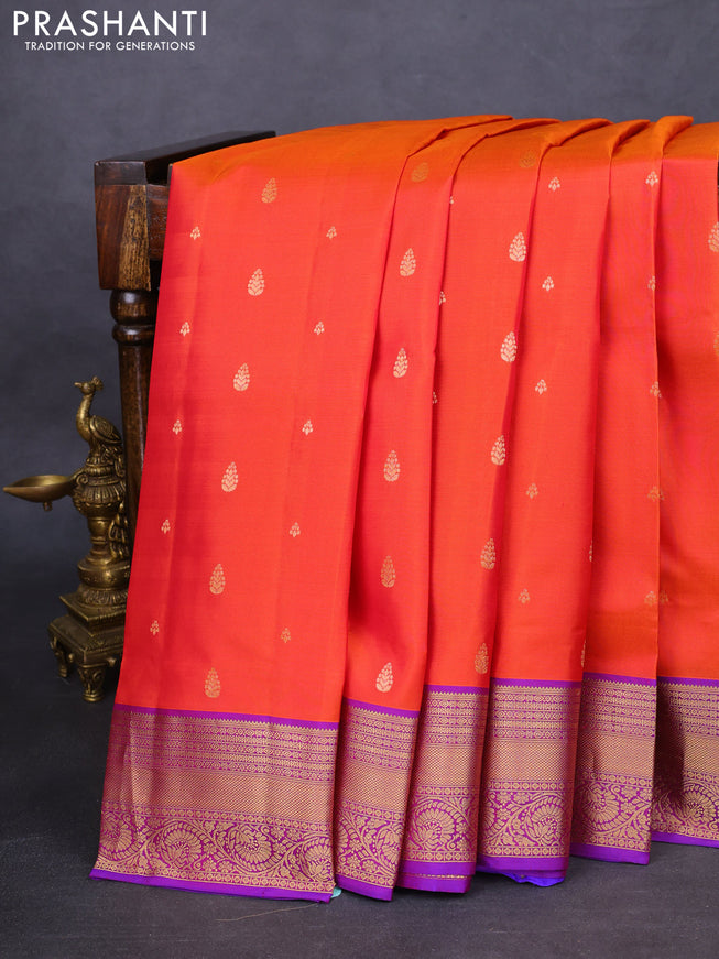 Pure soft silk saree sunset orange and blue with allover zari woven buttas and zari woven border