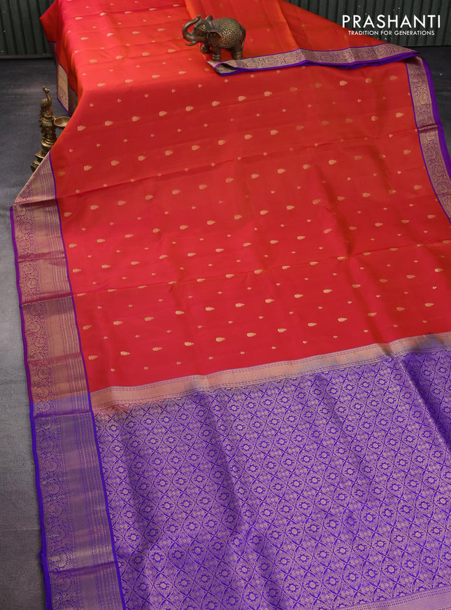 Pure soft silk saree sunset orange and blue with allover zari woven buttas and zari woven border
