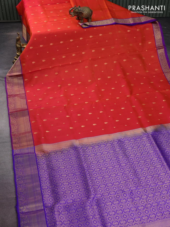 Pure soft silk saree sunset orange and blue with allover zari woven buttas and zari woven border