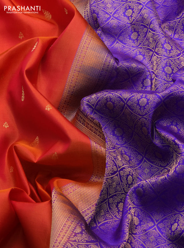 Pure soft silk saree sunset orange and blue with allover zari woven buttas and zari woven border
