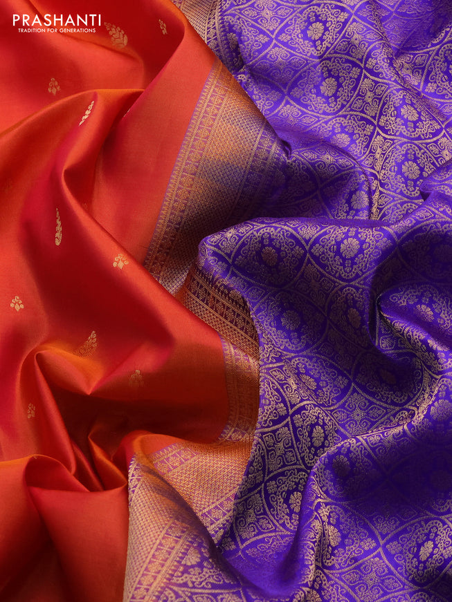 Pure soft silk saree sunset orange and blue with allover zari woven buttas and zari woven border