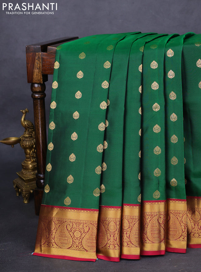Pure soft silk saree green and maroon with allover zari woven buttas and zari woven border