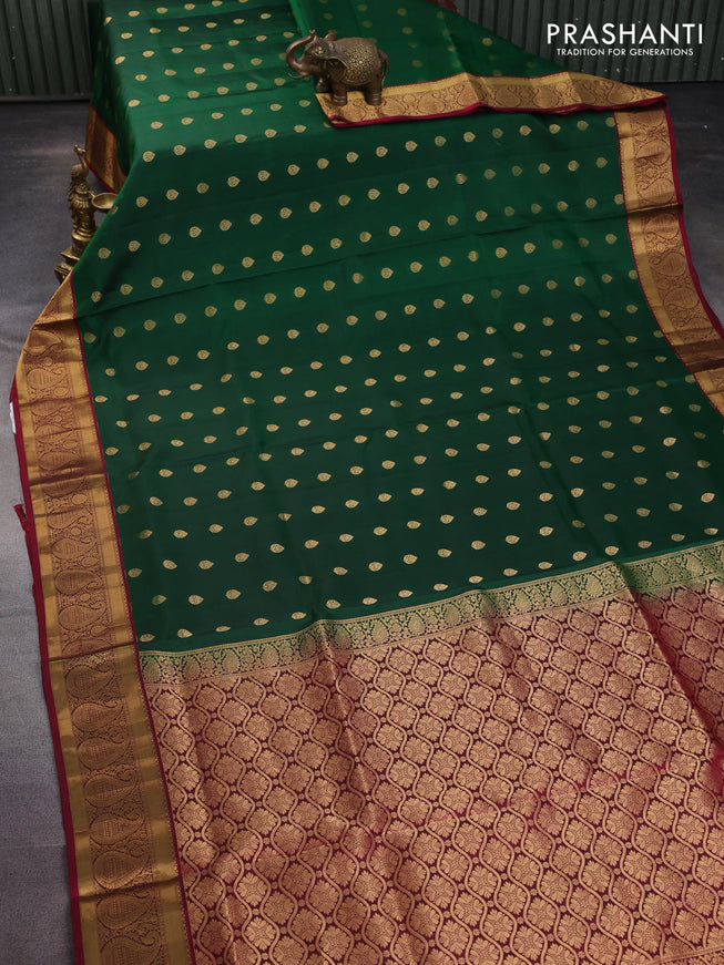 Pure soft silk saree green and maroon with allover zari woven buttas and zari woven border
