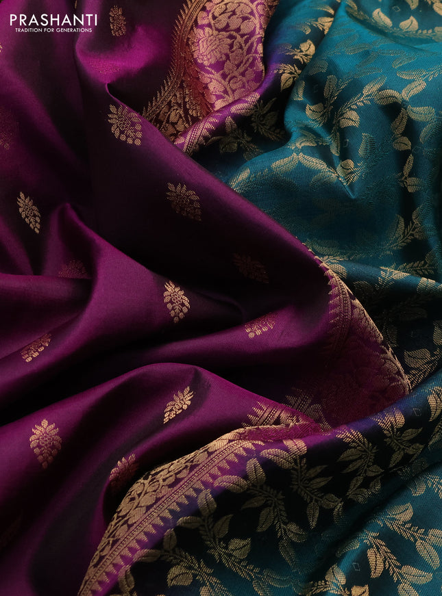 Pure soft silk saree purple and green with allover zari woven buttas and zari woven border