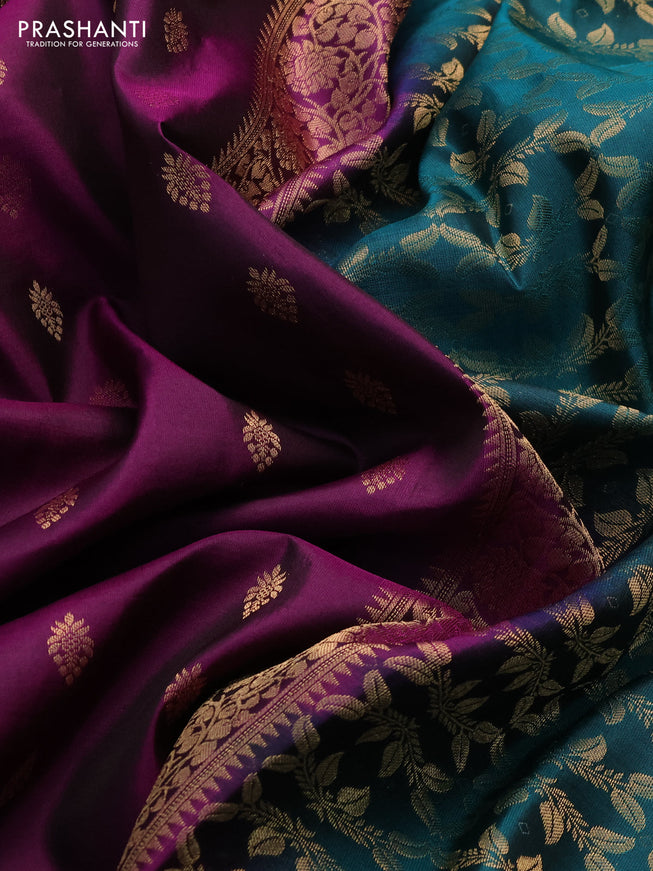 Pure soft silk saree purple and green with allover zari woven buttas and zari woven border