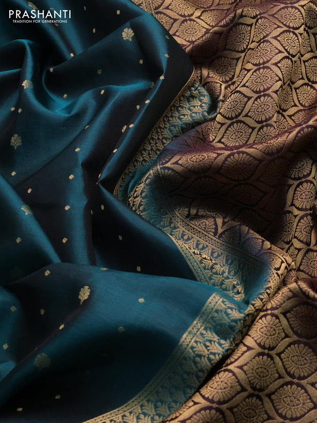 Pure soft silk saree peacock green and coffee brown with allover zari woven buttas and zari woven border